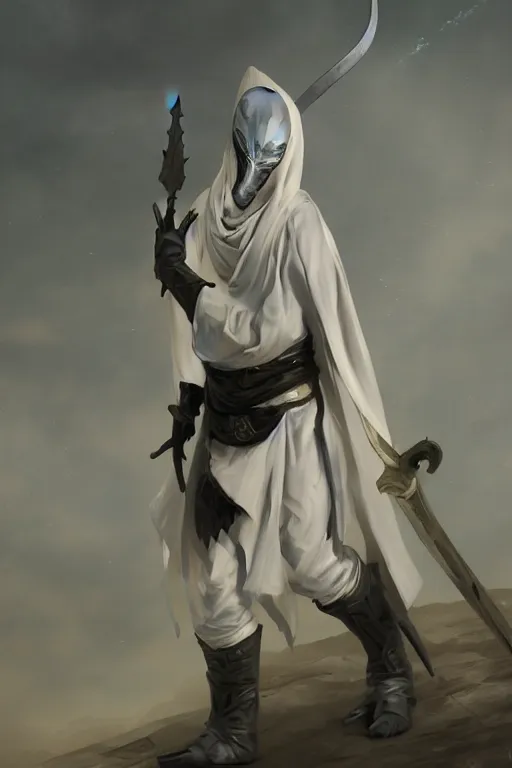 Image similar to fantasy painting of a pale man dressed in robes with a black blade, painted by Bayard Wu, ultra detailed, 8k