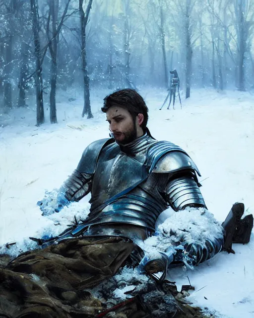 Image similar to Highly realistic oil painting of a wounded knight lying in the snow, surrounded by blue flowers, blood on flowers, by greg rutkowski, highly detailed, cinematic lighting, moody, dark