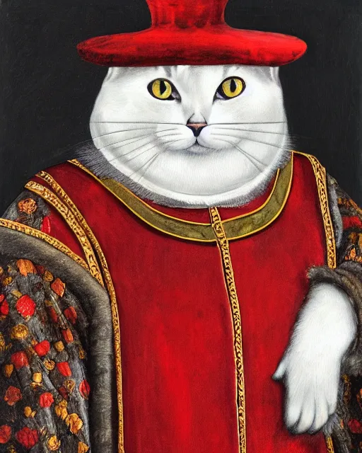 Image similar to fat gray cat with yellow eyes dressed like henry viii, tudor period clothing in scarlet gold and black, royal portrait, oil painting