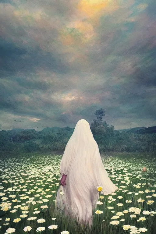 Image similar to giant white daisy flower on head, veiled girl walking in a flower field, surreal photography, sunrise, dramatic light, impressionist painting, colorful clouds, digital painting, artstation, simon stalenhag