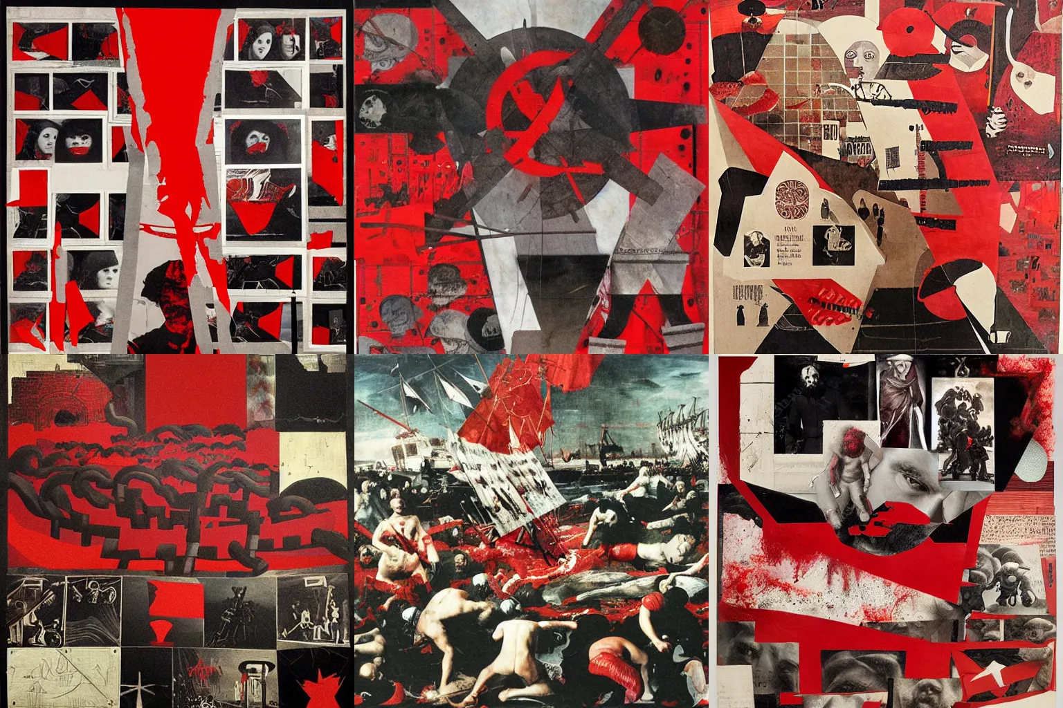 Prompt: sea of blood, anarchy, constructivist collage by diego velazquez