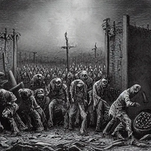 Image similar to zombies among 9 steel barrels in a graveyard, creepy atmosphere, dark, realistic, illustration by gustave dore