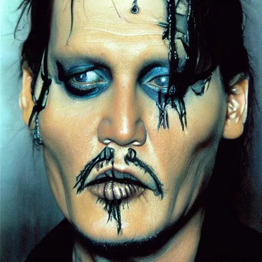 Image similar to Johnny Depp, prosthetic makeup design by H.R Giger