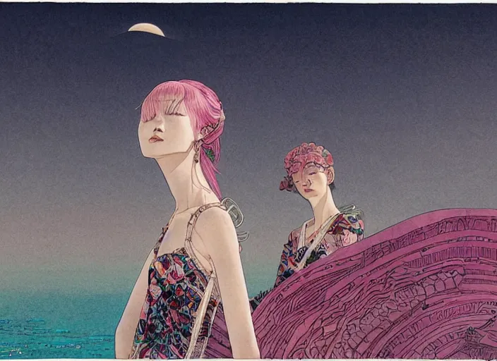 Image similar to lee jin - eun in luxurious dress emerging from pink and turquoise water in egyptian pyramid city during an eclipse by takato yamamoto, nicola samuri, conrad roset, m. k. kaluta, martine johanna, rule of thirds, elegant look, beautiful, chic, face anatomy, cute complexion