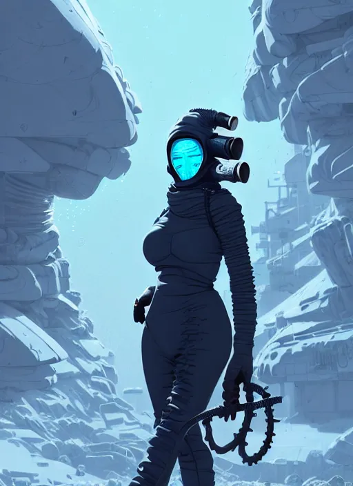 Image similar to highly detailed portrait of wasteland long curly white ice shard hair ninja mask curvy physique lady, stray wiring by atey ghailan, james gilleard, by joe fenton, by greg rutkowski, by greg tocchini, by kaethe butcher, 4 k resolution, gradient blue, cyan, black and white color scheme!!! ( ( snowy glaciated robotic dystopian city background ) )