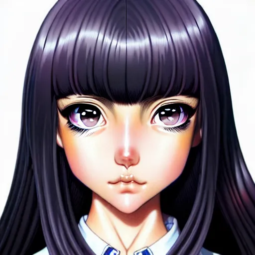 Prompt: depicting an extreme close up face of a dainty young mischievous female stoner prep highschool school student with medium length silky straight iridescent black hair and lightly suntanned skin, illustrated by Artgerm and Range Murata.