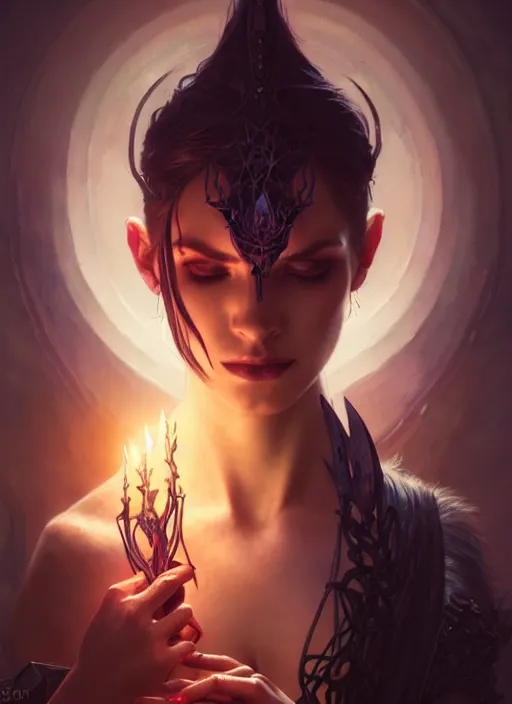 Image similar to Necromancer Sorceress, fantasy magic, undercut hairstyle, dark light night, intricate, elegant, sharp focus, illustration, highly detailed, digital painting, concept art, matte, art by WLOP and Artgerm and Greg Rutkowski and Alphonse Mucha, masterpiece