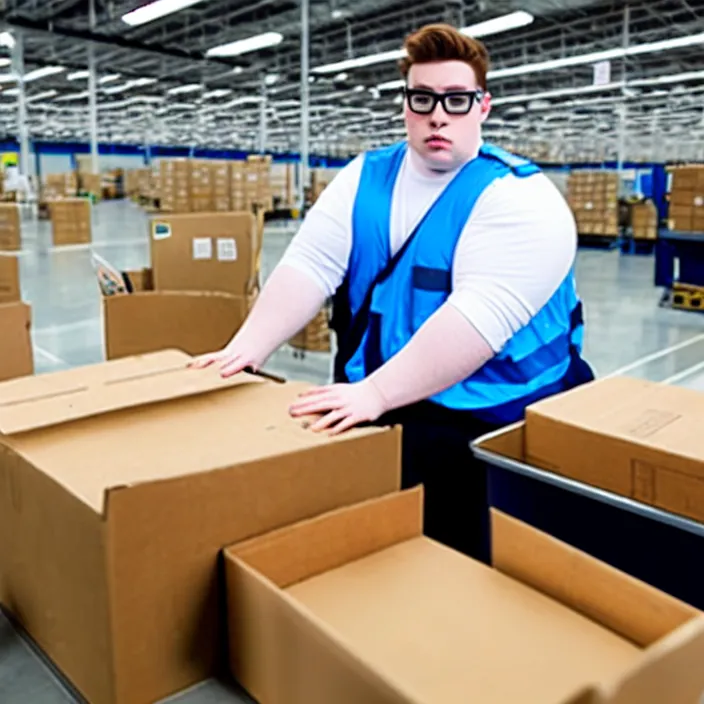 Prompt: photo of a pale white slightly overweight androgynous amazon employee sorting packages, wearing a vest, wearing clear square glasses, symmetric face, amazon warehouse