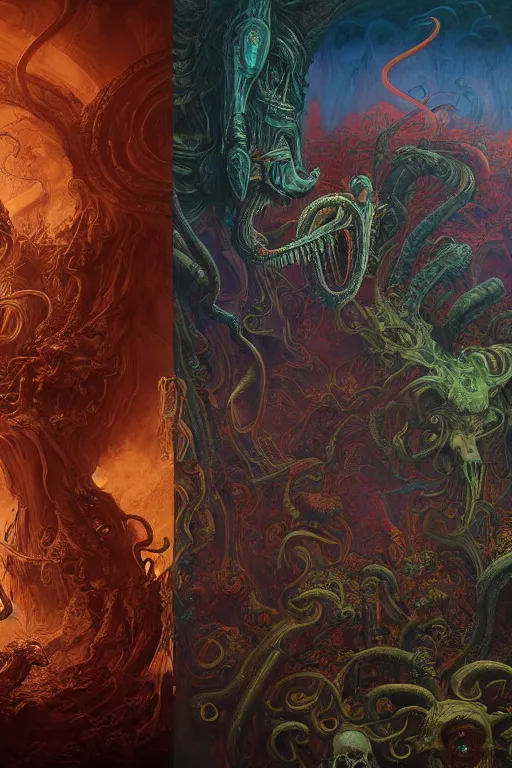 Image similar to gigantic psychedelic demonic cosmic skull of death and hell fire, alien tentacles, fantasy painting, ultra realistic, wide angle, art nouveau, intricate details, rainbowshift, vivid colors, highly detailed by peter mohrbacher, h. r. giger, maxfield parrish, gustave dore, craig mullins, octane render, cgi