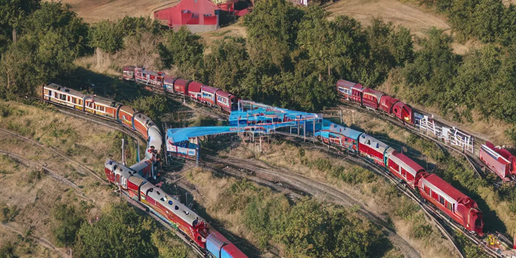 Prompt: aerial shot of a teddy bear train station, professional photography,