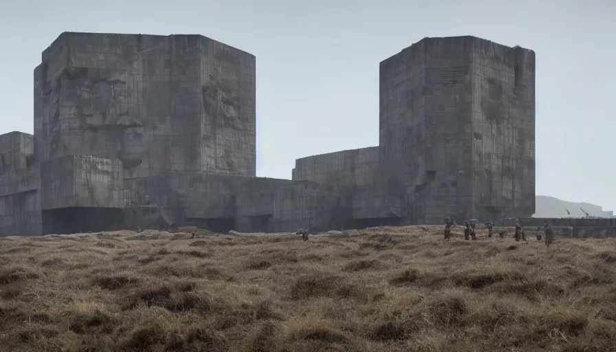 Prompt: big brutalist imperial military base on cliffs, drawing architecture, imperial architecture in rogue one, pritzker architecture prize, brutalism architecture, cinematic shot, by greig fraser, by emmanuel lubezki, robert richardson, hoyte van hoytema, roger deankins