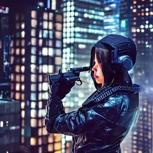 Prompt: cinestill 5 0 d candid photographic portrait of a techwear woman holding a gun on the rooftop of a futuristic city at night, closeup, modern cyberpunk moody emotional cinematic, clear skies, 8 k, hd, high resolution, 3 5 mm, f / 3 2, ultra realistic faces