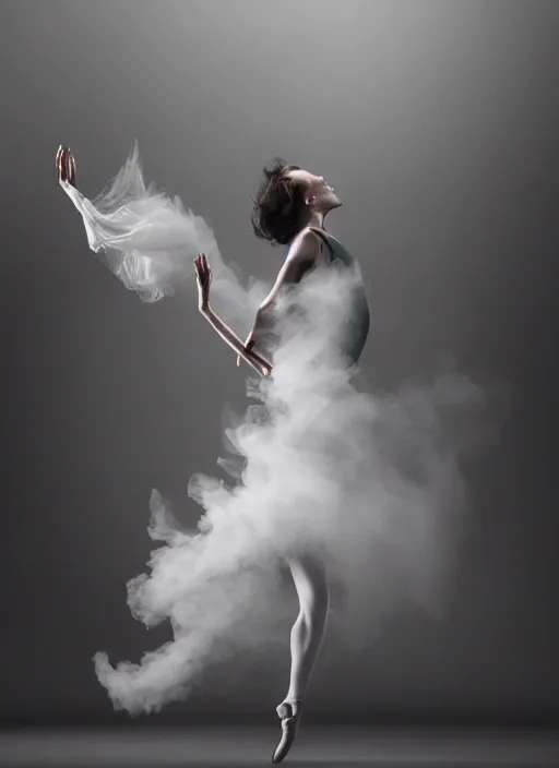 Image similar to a Photorealistic dramatic hyperrealistic render of a glamorous beautiful Female smoke dancer by Ken Brower and Deborah Ory of NYC Dance project,Lois Greenfield,Flowing cloth and smoke,Beautiful dynamic dramatic dark moody lighting,volumetric,shadows,cinematic atmosphere,Octane render,8K