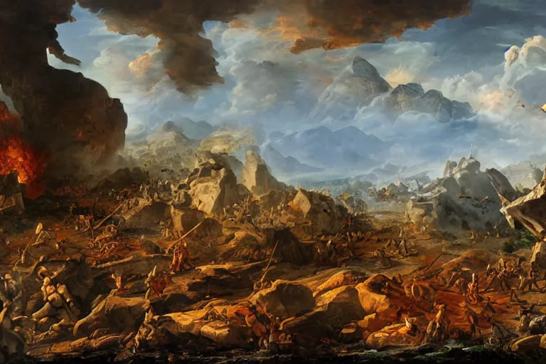 Prompt: landscape of the aftermath of an ancient battle, the art of god of war, digital art by giovanni paolo pannini