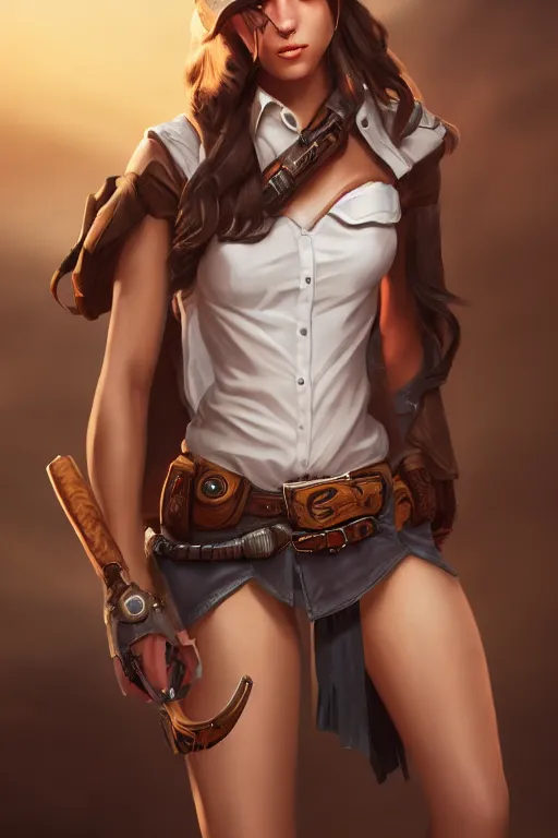 Image similar to full body, female cowgirl, perfect face, white blouse, empty gun holster, 8 k, magic the gathering, desert, d & d, artstation, high detail, smooth, muscular