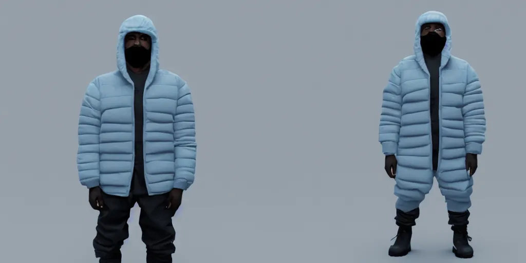 Prompt: kanye west wearing a full face - covering black mask, a small, tight, children size reflective baby blue puffer jacket made of nylon, gray jeans pants and big black rubber boots in 3 d, blender, octane render, 3 d render, realistic, unreal engine, studio light, 4 k, 8 k