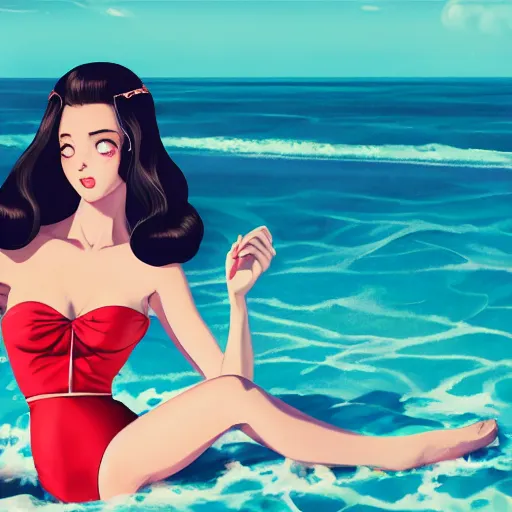 Prompt: portrait of a beautiful girl with dark 1950's style hair dressed in 1950's swimsuit, sunny beach, rich vivid colors, ambient lighting, dynamic lighting, 4k, HQ, official media, anime key visual, makoto shinkai, ilya kuvshinov, lois van baarle, rossdraws, detailed, trending on artstation