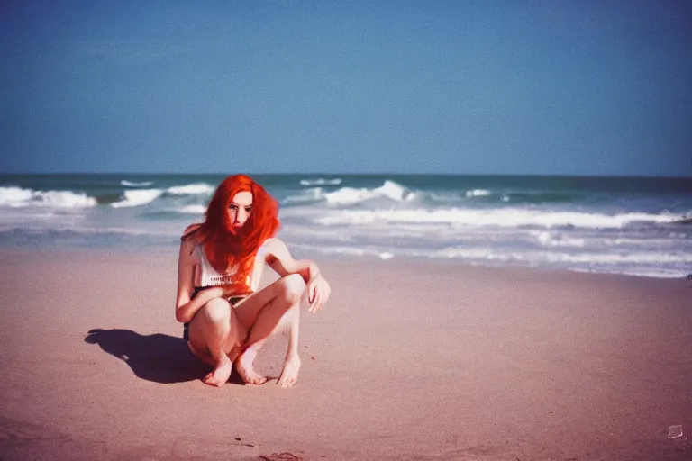 Image similar to 35mm color lomography, beautiful ideal sensual tender redhead woman, on the lonely beach