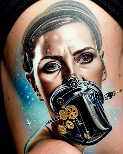 Image similar to portrait of a spy wearing oxygen mask, has gold, silver, starry, rose, a pistol and a syringe needle with sea background intricate details with horror side profile by Sandra Chevrier and bastien lecouffe deharme, intuitive