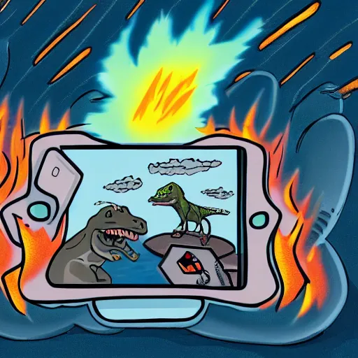 Image similar to a newspaper cartoon with dinosaur characters looking into their phones as a flaming comet lights up the sky