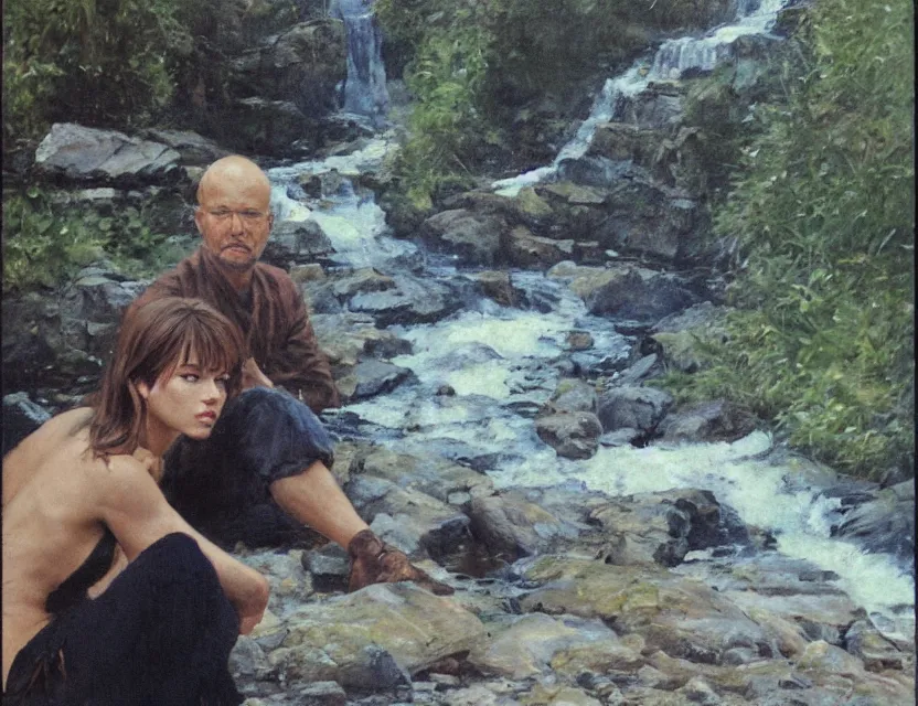 Prompt: steve hanks, serov valentin, lisa yuskavage, andrei tarkovsky, terrence malick, concentrated monk sits near waterfall, golden ratio, perfect symmetrical, polaroid, vintage, soft lights, foggy, oil on canvas, artstation, masterpiece