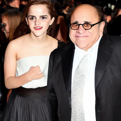 Prompt: danny devito and emma watson, french kissing, tongues, close up, deep