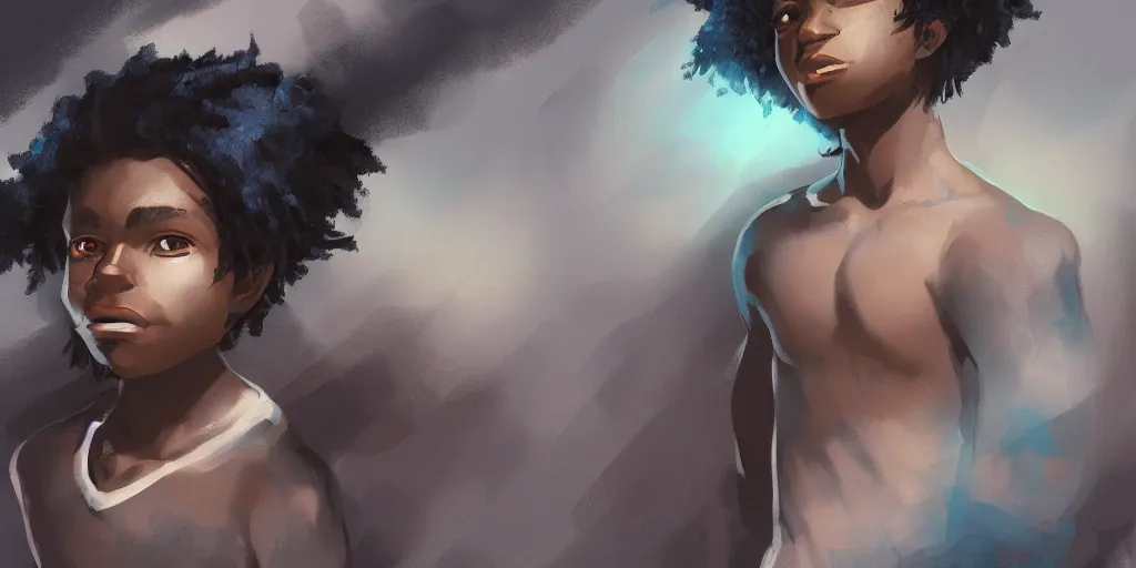 Prompt: concept art of black boy with indigo hair using dream ancestral magic, 8k, epic scene, illustration, artstation, art by riesun