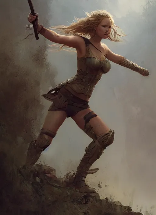 Image similar to hyper realistic photo of warrior princess jennifer lawrence full body, rule of thirds, conceptart, saturated colors, cinematic, greg rutkowski, brom, james gurney, mignola, craig mullins, artstation, cgsociety