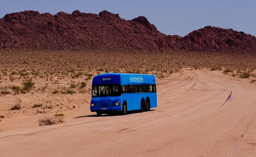 Image similar to blue public bus driving through the desert, 8k, 4k