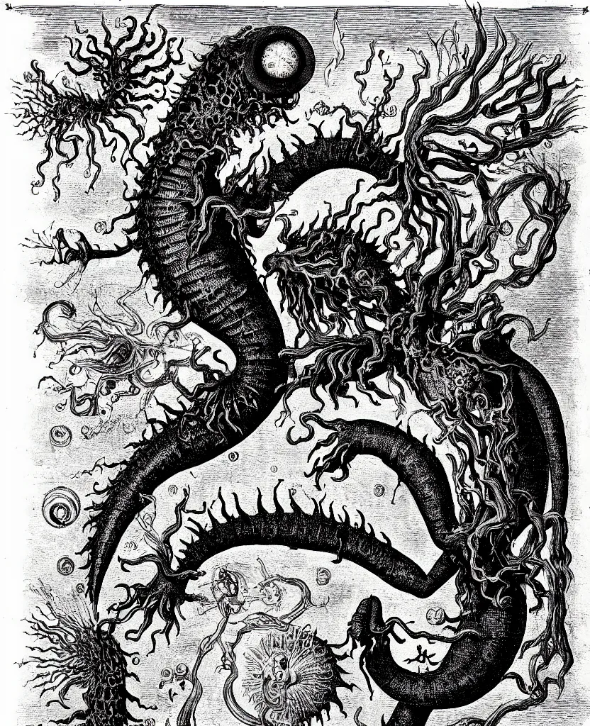 Image similar to fiery freaky whimsical monster creature sings a unique canto about'as above so below'being ignited by the spirit of haeckel and robert fludd, breakthrough is iminent, glory be to the magic within