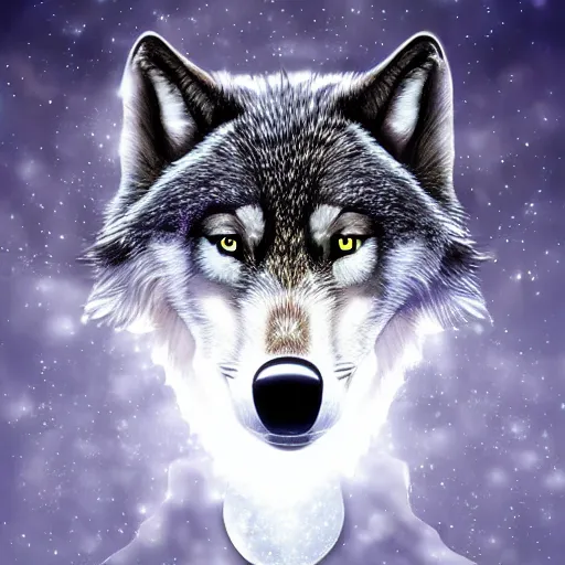 Prompt: a wolf made out of clear crystal with moon shining through it, fantasy art, high definition, lens flares