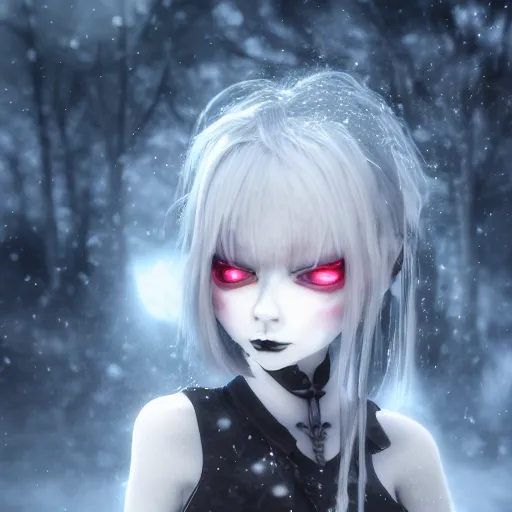 Prompt: full shot portrait of angry darkness cute anime girl at moonlight, snowing, gothic wearing, inspired by Tim Burton, Amano, detailed, unreal engine 4k volumetric light, fog,