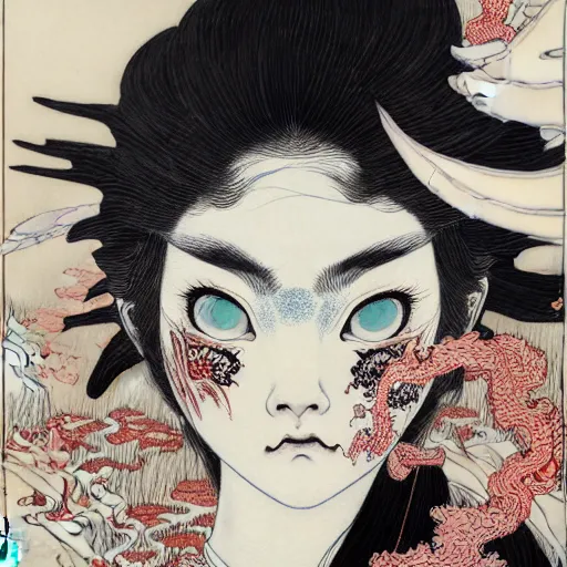 Image similar to prompt: Demon girl face painted in Hokusai style drawn by Vania Zouravliov and Takato Yamamoto, intricate oil painting, high detail, Neo-expressionism, post-modern gouache marks on the side, gnarly details soft light, white background, intricate detail, intricate ink painting detail, sharp high detail, manga and anime 2000