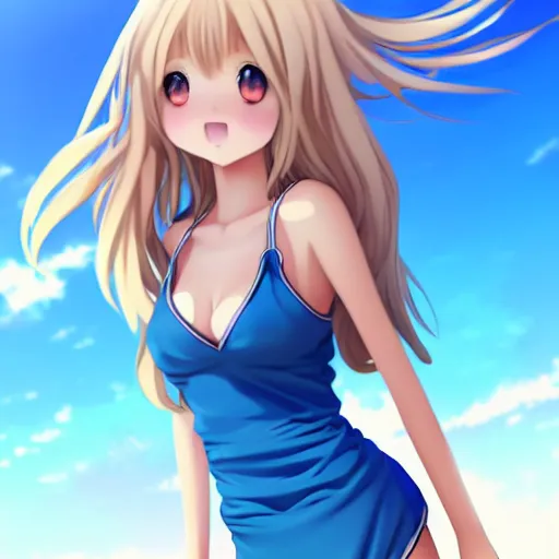 Image similar to a very beautiful young anime basketball girl greeting the camera, full body, long wavy blond hair, sky blue eyes, full round face, short smile, bikini, miniskirt, highly detailed, cinematic wallpaper by stanley artgerm lau