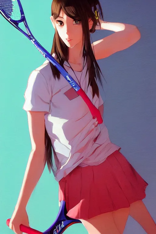 Image similar to a girl holding a tennis racket, full shot, intriguing outfit, fine - face, realistic shaded perfect body, fine details. night setting. very anime style. realistic shaded lighting poster by ilya kuvshinov katsuhiro, magali villeneuve, artgerm, jeremy lipkin and michael garmash, rob rey and kentaro miura style, trending on art station