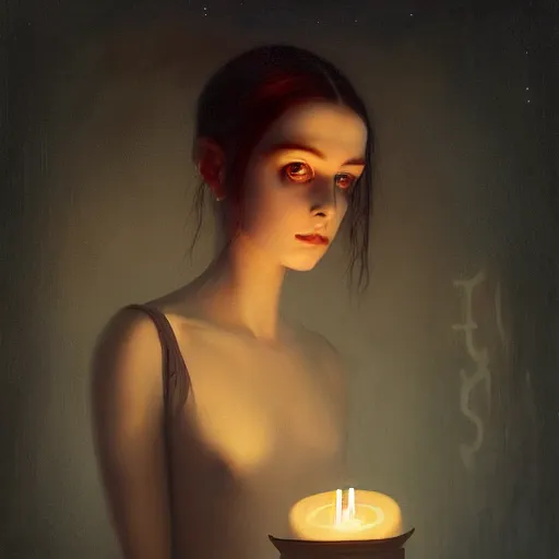 Prompt: pale young ghost girl, tom bagshaw, candlelight