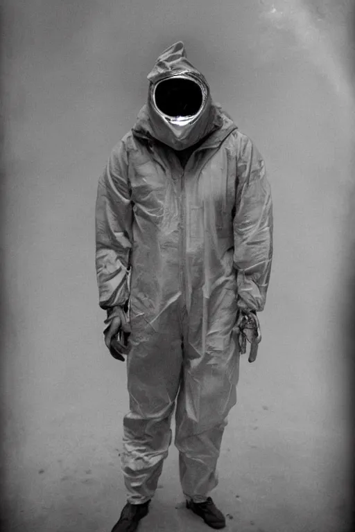 Image similar to .dalle gentleman in nuclear protective clothing with mask in the midst of the debasement. realistic, very realistic cinematographic, photo, photorealistic