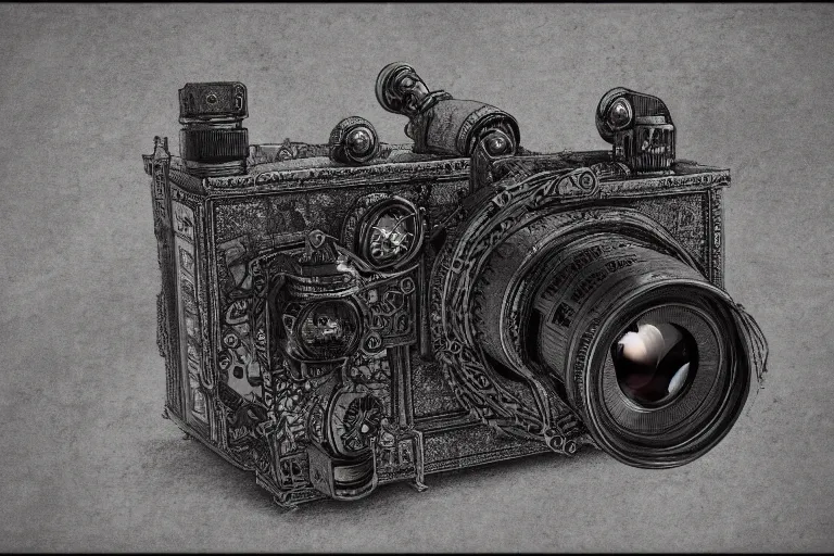 Image similar to a steampunk camera film by gustave dore, trending on artstation