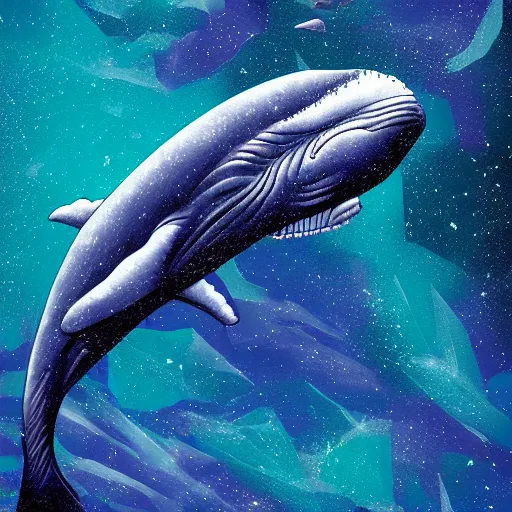 Image similar to portrait of whale swimming on a night sky, swimming across the universe, oniric, dreamy, beautiful, highly detailed, cinematic, trending on artstation