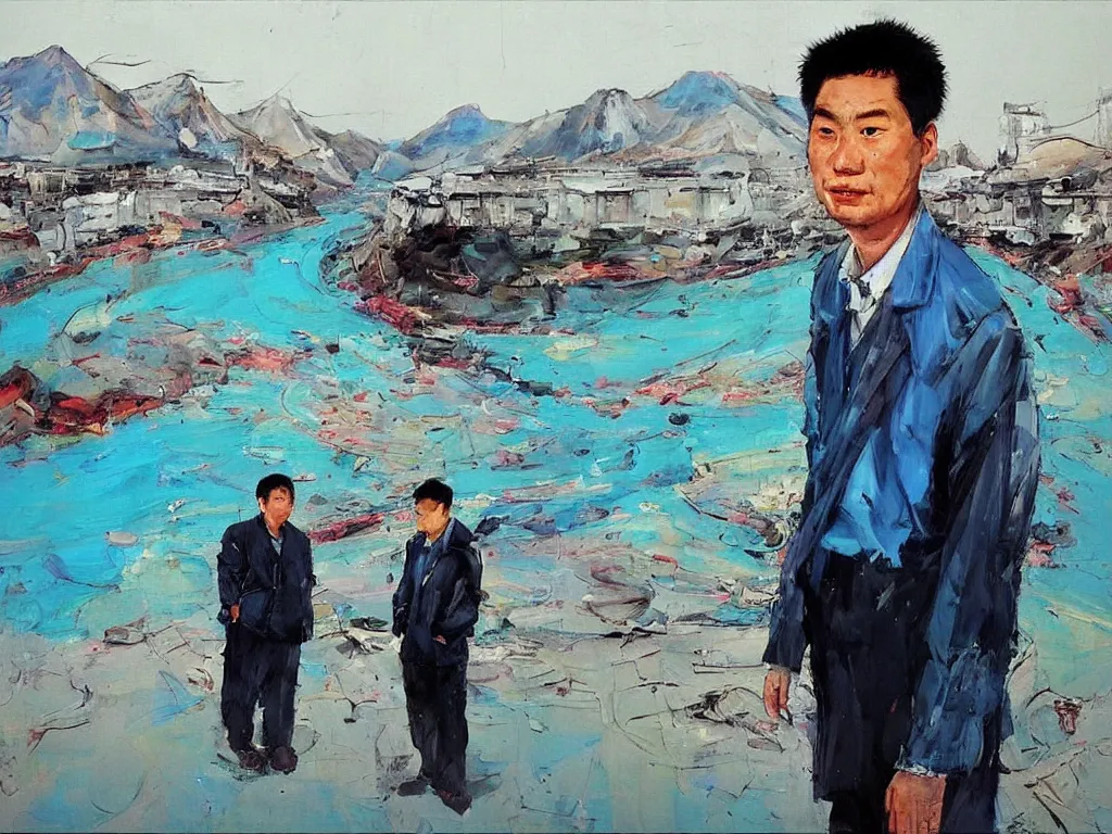 Prompt: ‘The Center of the World’ (Liu Xiaodong expressionist oil painting, large thick messy colorful brushstrokes, office worker with a messy face next to a blue river and mountains) was filmed in Beijing in April 2013 depicting a white collar office worker. A man in his early thirties – the first single-child-generation in China. Representing a new image of an idealized urban successful booming China.