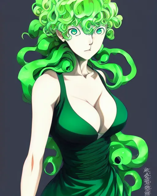 Image similar to tatsumaki from one punch man, green wavy hair, black dress, fine details, sharp focus, intricate, realistic shaded perfect face, by cushart krenz makoto shinkai artgerm ilya kuvshinov rossdraws