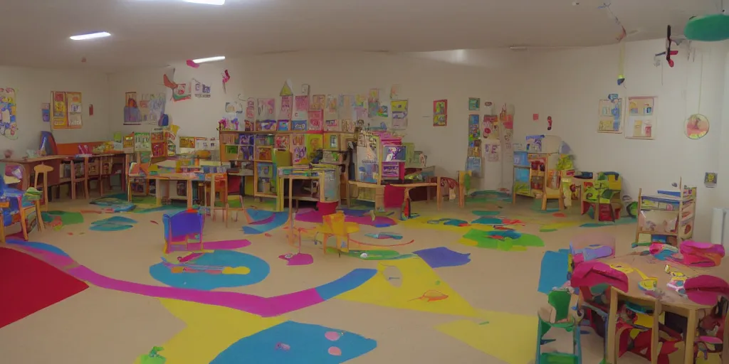 Image similar to childrens daycare indoors limital space, not well litt, creepy photo