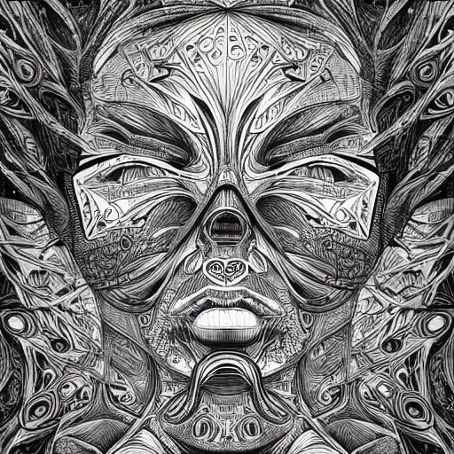 Image similar to Geometrically surreal Artificial Intelligent Faces, extremely high detail, photorealistic, intricate line drawings, dotart, album art in the style of James Jean