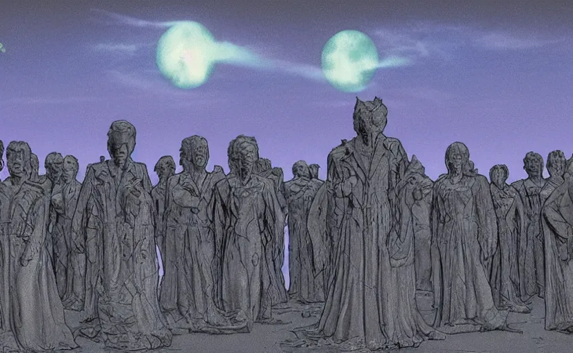 Prompt: the weeping angels from doctor who battle an army of robots in graveyard at night, by moebius, moonlight, panoramic view, pastel colors