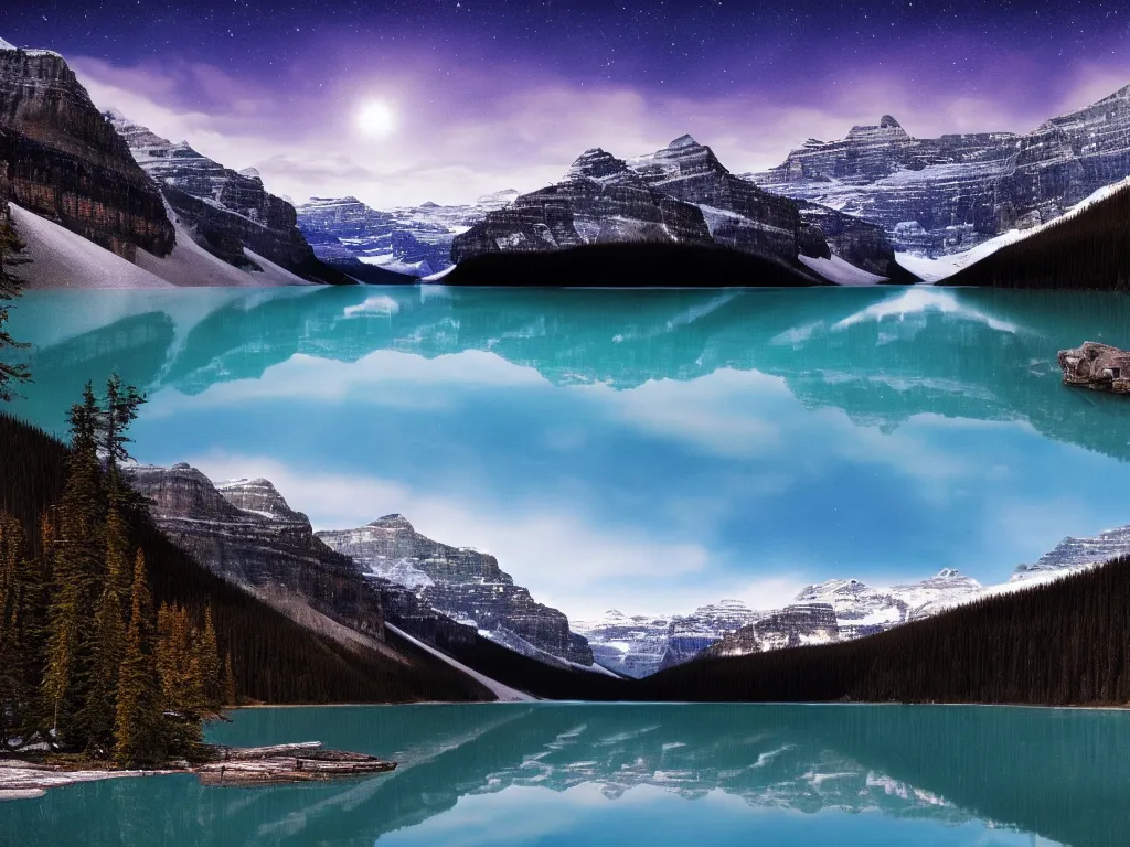 Image similar to a matte painting of Lake Louise in fall, moonlight, northern lights, highly detailed, artstation, HD wallpaper