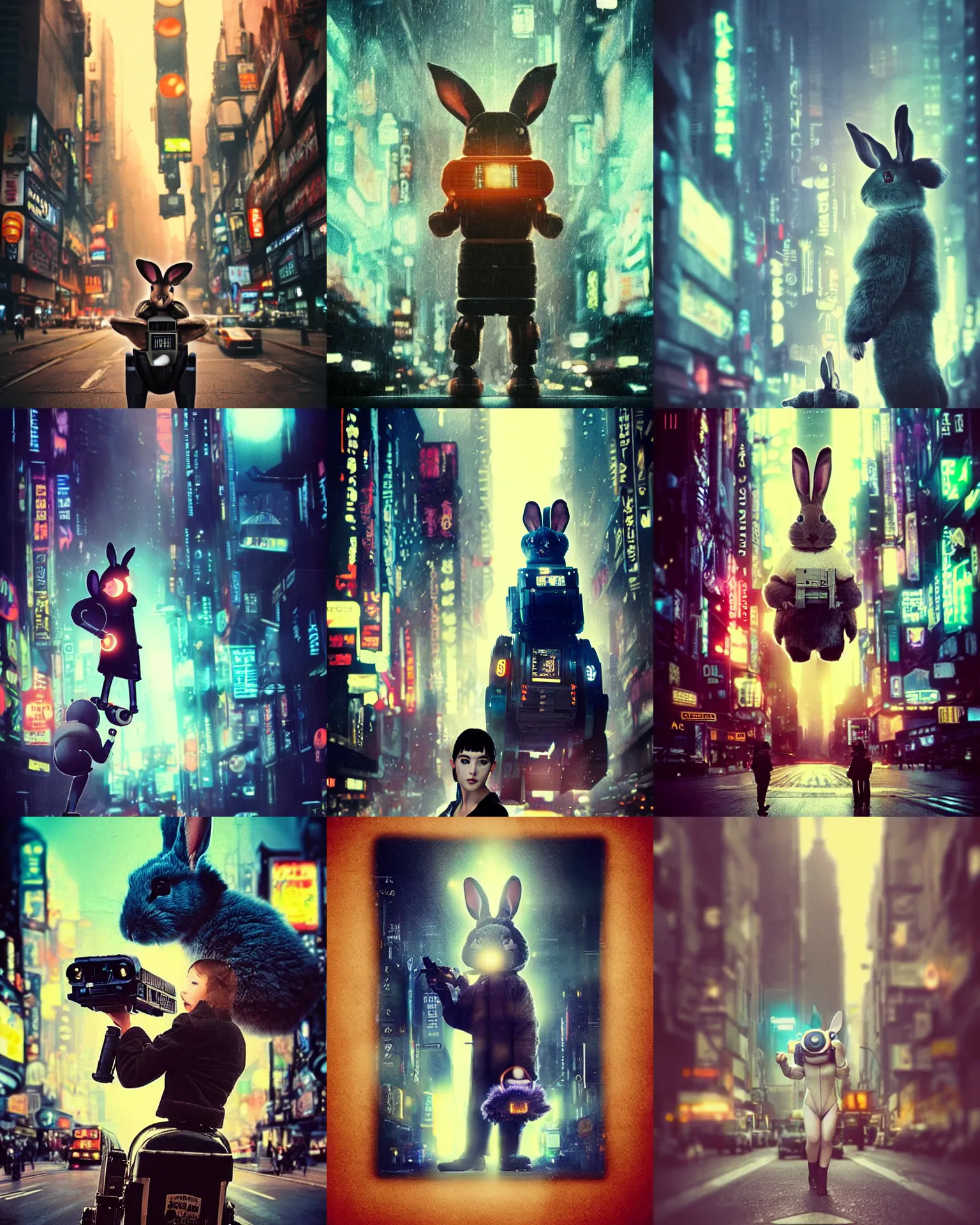 Prompt: bladerunner!! epic pose!!! googly eyed giant oversized battle rabbit robot chubby mech baby sport vehicle double decker with giant oversized ears and cute rabbit babies , in bladerunner city , full body , Cinematic focus, Polaroid photo, vintage , soft lights, neutral dull colors, city lights bokeh , backlight mood , by oleg oprisco , by national archives, by discovery channel, by victor enrich , by gregory crewdson