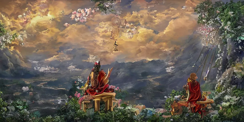 Image similar to painting of wind god enjoying the view from his stone heavenly palace, decorated with windchimes and paper lanterns, nature and clouds in background, digital art