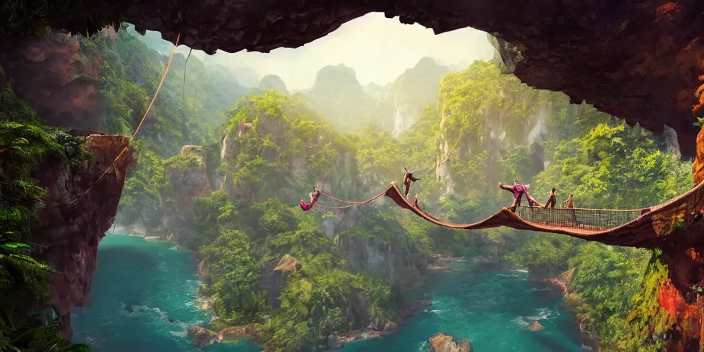 Image similar to wide angle view of colorful clothing fashion models crossing a suspended rope bridge over a deep canyon, mountainous jungle setting, trees, waterfall, river, rocks, dramatic lighting, highly detailed, artstation, unreal engine, matte painting in the style of craig mullins, Uncharted 4, fish eye lens, 8k HDR