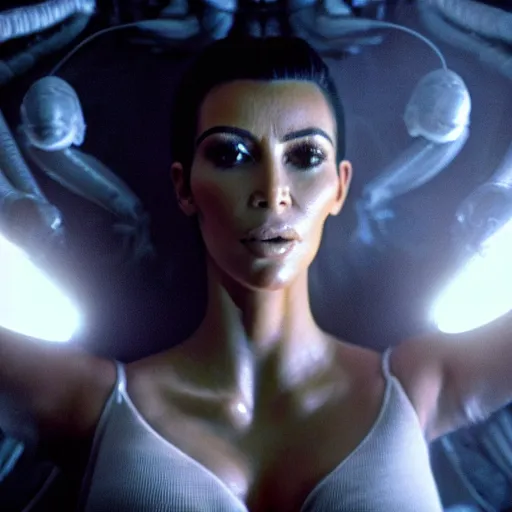 Image similar to film still of kim kardashian in the movie Alien, alien spider over her face as she struggles, spider webbed body, scary, cinematic full shot, full body pov, 4k.