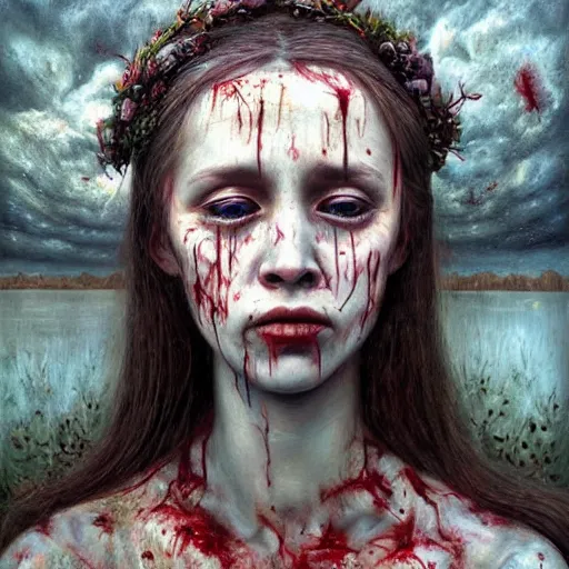 Image similar to a hyperrealistic painting of a beautiful gothic princess crying tears of blood, by Andrea Kowch, vivid color, highly detailed,